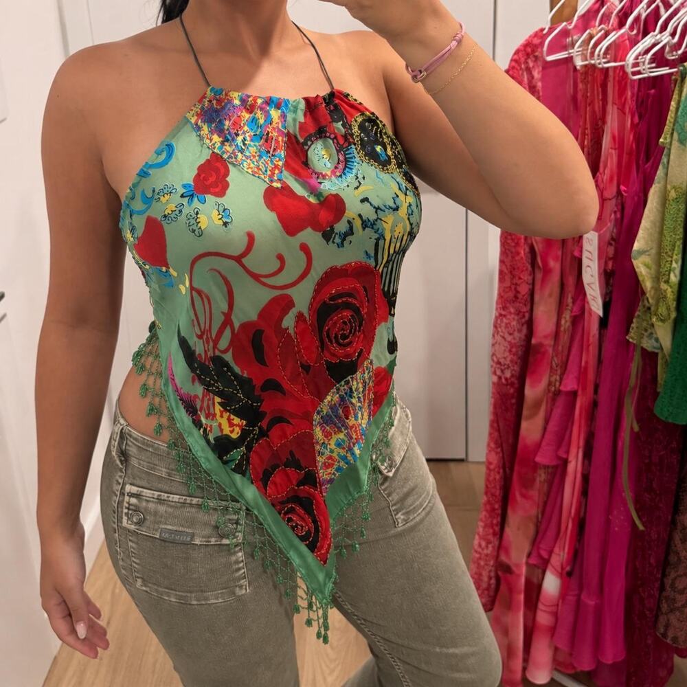 Handmade Embellished Glass Beaded Sheer Green Tie-Back Halter Top